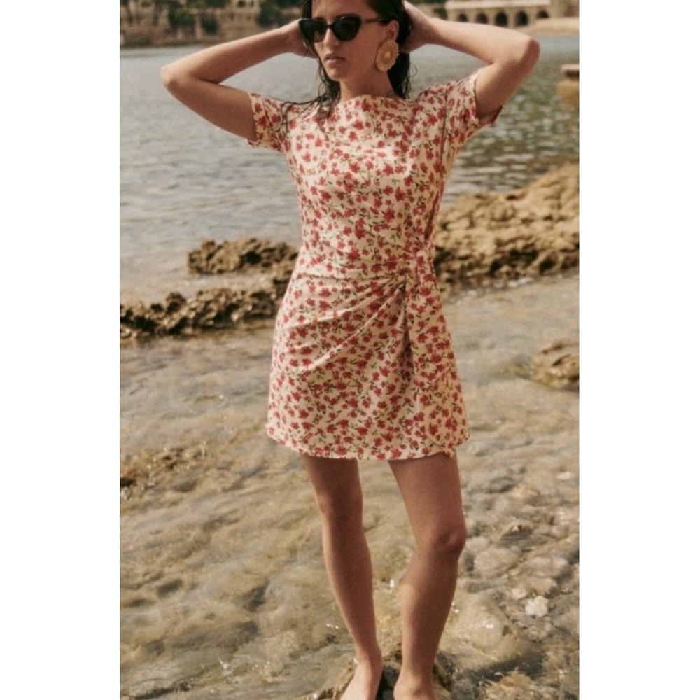 Sezane Floral Multicolor Pippa Side Tie Mini  Dress Medium